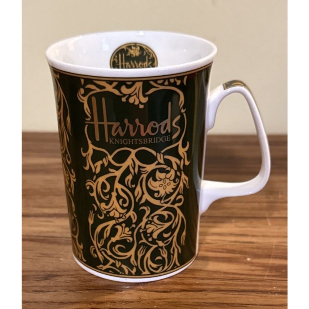Harrods Knightsbridge Fine Bone China Tea Coffee Mug Green and Gold England